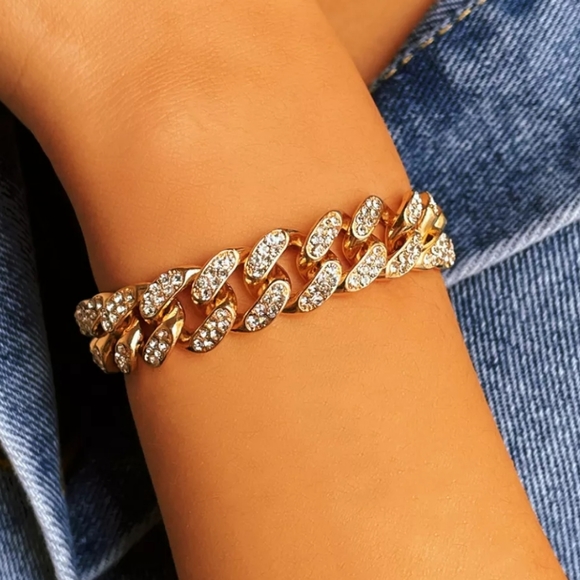 Gold plated Cuban link bracelet gold or silver Bling Unisex Chunky Rhinestone - Picture 3 of 6